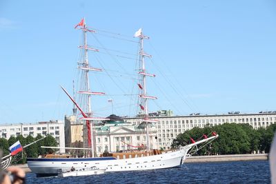 Sailboats in river against clear sky