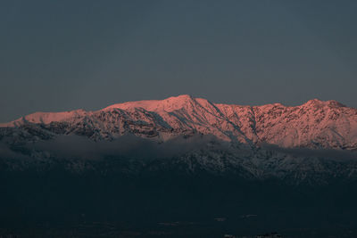 Scenic view of snowcapped mountains against clear sky