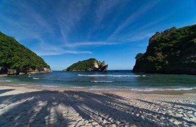 Scenic view of beach against blue sky