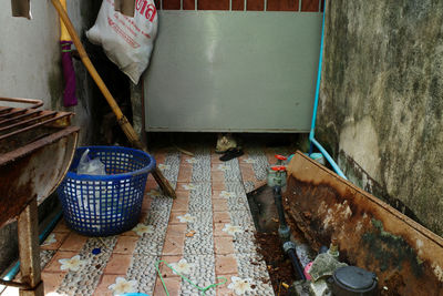 High angle view of wicker basket on floor