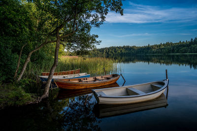 Old row boats at silkeborg lake at sunset