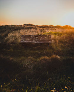 Scenic view of field against clear sky during sunset