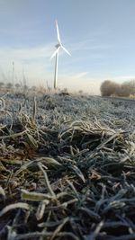 Wind turbines on field against sky