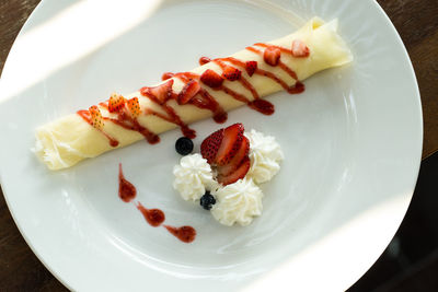 High angle view of dessert served in plate