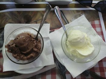 High angle view of ice cream served on table