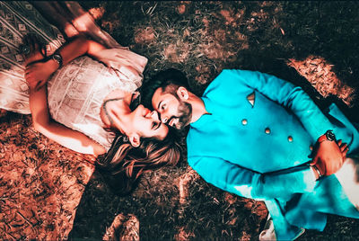 High angle view of woman lying down
