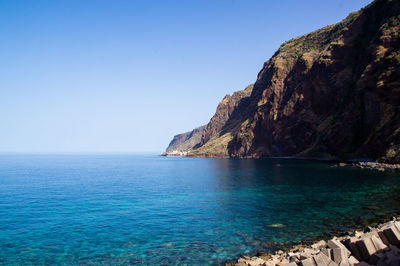Scenic view of sea against clear blue sky