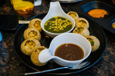 High angle view of meal served on table