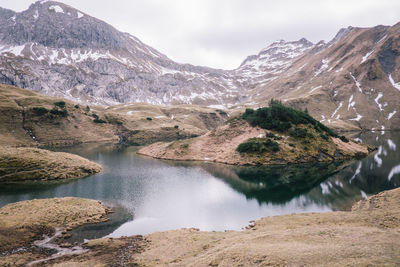 Scenic view of lake by mountains against sky