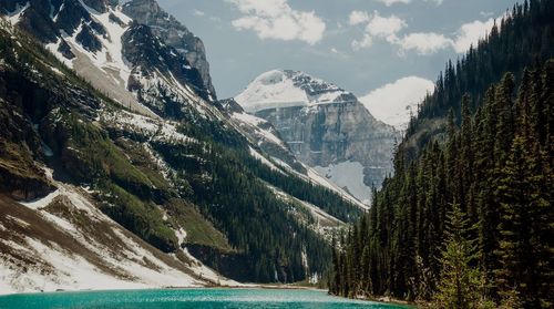 Panoramic view of lake and mountains against sky