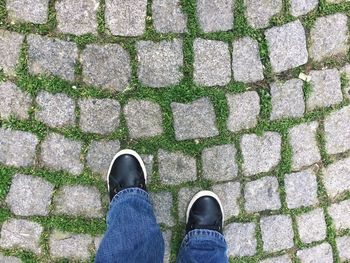 Low section of man standing on cobbled footpath