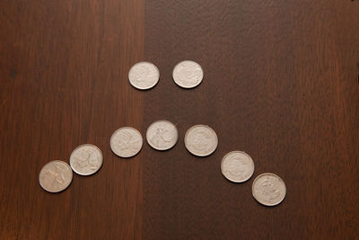 High angle view of coins on table