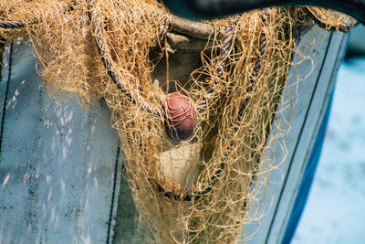 Close-up of fishing net hanging on rope