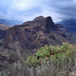 Scenic view of mountains against cloudy sky