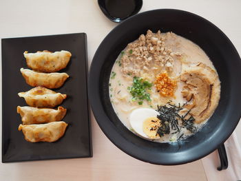 High angle view of food in plate on table