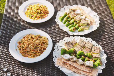 High angle view of food served on table