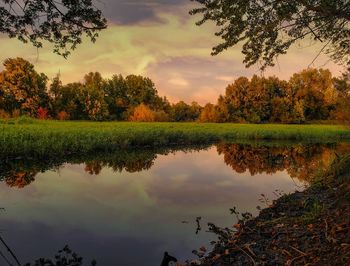 Scenic view of lake against sky during sunset