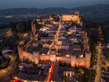 High angle view of illuminated cityscape