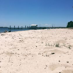 Scenic view of beach against clear blue sky