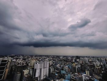 High angle view of buildings against sky