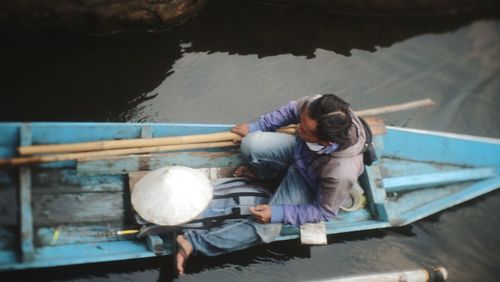 High angle view of woman in boat