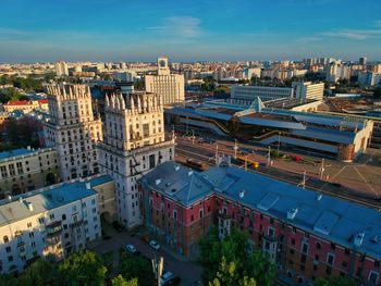 High angle view of buildings in city