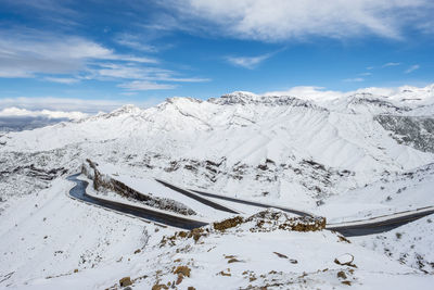 Tizi n'tichka pass in the atlas mountains during winter snow, morocco