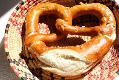 High angle view of bread in plate on table