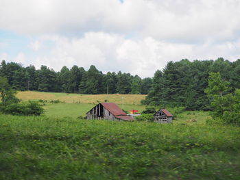 Scenic view of trees and houses on field against sky