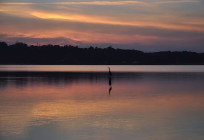 Scenic view of lake against orange sky