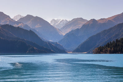 Scenic view of lake by snowcapped mountains against sky