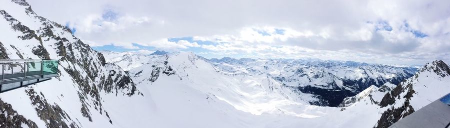 Panoramic view of snowcapped mountains against sky