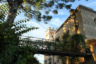 Low angle view of trees and building against sky