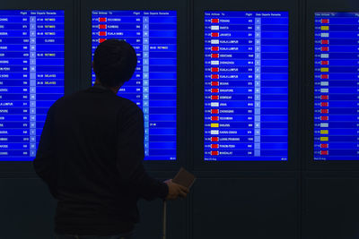 Rear view of man using laptop