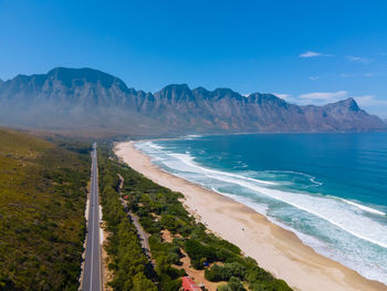 Scenic view of sea and mountains against sky