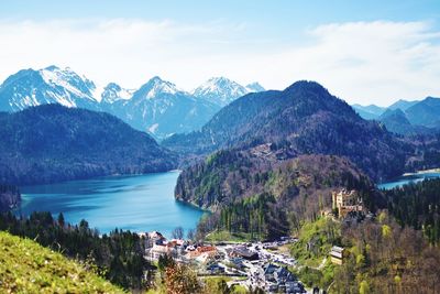 Scenic view of lake by mountains against sky