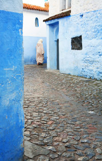 Rear view of person walking at alley amidst houses