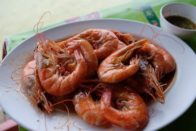 High angle view of seafood in plate on table