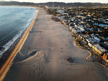 Aerial view of venice beach and santa monica beach at sunset. 