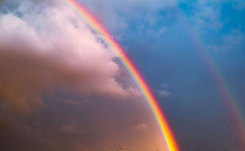 Low angle view of rainbow against sky at sunset