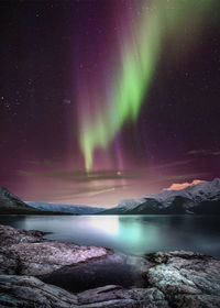 Scenic view of lake against aurora borealis at night