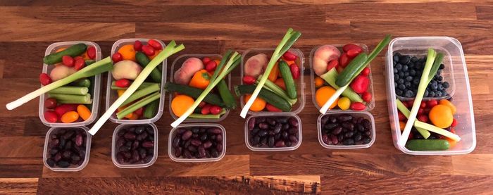 High angle view of various fruits on table