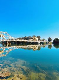 Scenic view of lake against clear blue sky