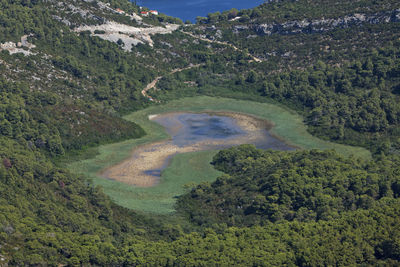 Aerial view of brackish wetland on mljet island, croatia