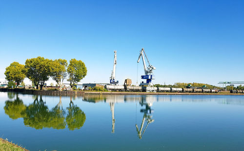 Scenic view of lake against clear blue sky