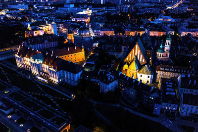 Warsaw, poland cityscape above aerial historic architecture buildings old town market square night