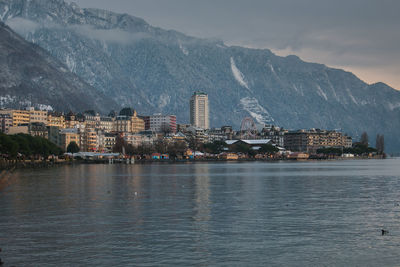 Panoramic view of montreux city during christmas time in switzerland