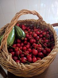 High angle view of strawberries in basket on table