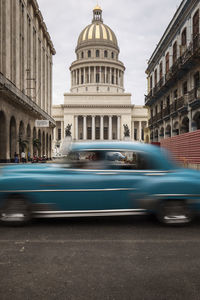 Blurred motion of buildings in city