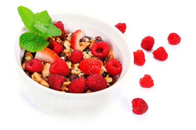 High angle view of strawberries in bowl